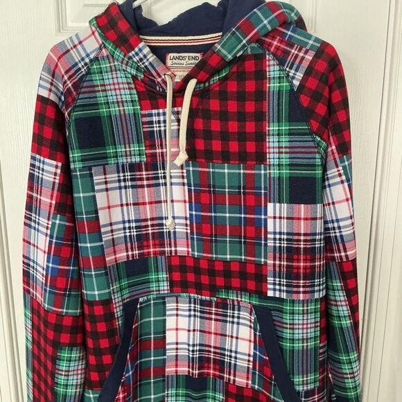 Lands’ End Serious Sweats Patchwork Plaid Hoodie Men’s Medium - Picture 2 of 12